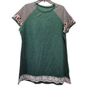 Women's Green Reglan Short Sleeve Top Lace Hem Stripped Sleeve Size X-Large
